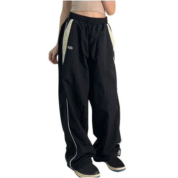 XFLWAM Women's Wide Leg Sweatpants Y2k Baggy Track Pants Goth Parachute Pants Cool Drawstring Lightweight Cargo Pants Black L