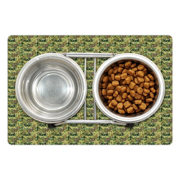 Khaki Pet Mat for Food and Water, Jumble of Camouflage Like Pattern with Stars and Plane Pictographs Manly Style, Non-Slip Rubber Mat for Dogs and Cats, 18" X 12", by Ambesonne