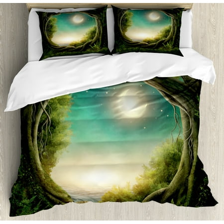 Kids Duvet Cover Set Trees In Enchanted Forest Full Moon Artistic