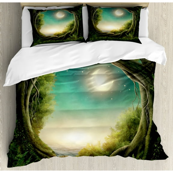 Kids Duvet Cover Set King Size, Trees in Enchanted Forest Full Moon Artistic Artwork Girls Boys and Family, Decorative 3 Piece Bedding Set with 2 Pillow Shams, Teal Green and Cream, by Ambesonne