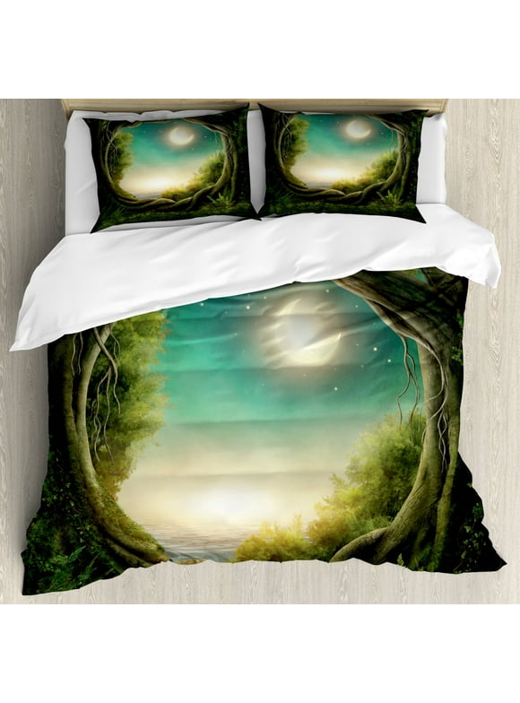 Kids Duvet Cover Set Queen Size, Trees in Enchanted Forest Full Moon Artistic Artwork Girls Boys and Family, Decorative 3 Piece Bedding Set with 2 Pillow Shams, Teal Green and Cream, by Ambesonne