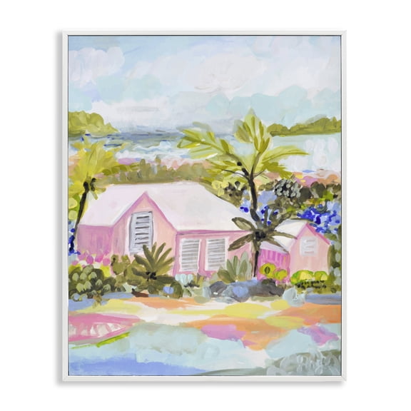 Stupell Industries Coastal Pink Tropical Cottage White Framed Giclee Art, 11 x 14, by Karen Fields