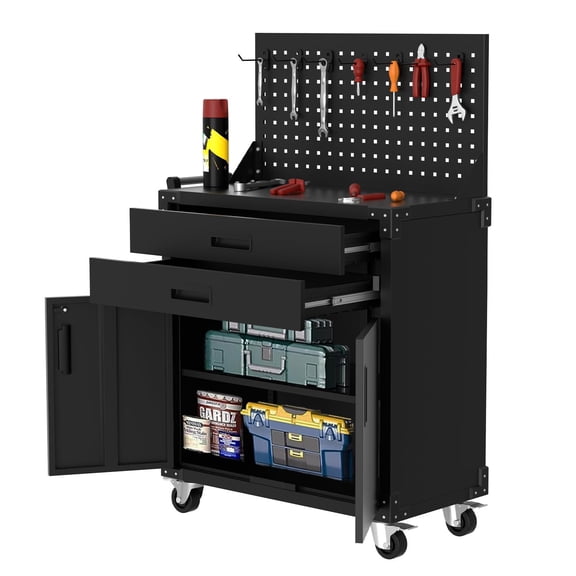 Black Tool Cart with Pegboard and 6 Hooks,Garage Storage Cabinet on Wheels with 2 Drawer,Industrial Service Utility Tool Cart for Mechanics, Garage, Workshop