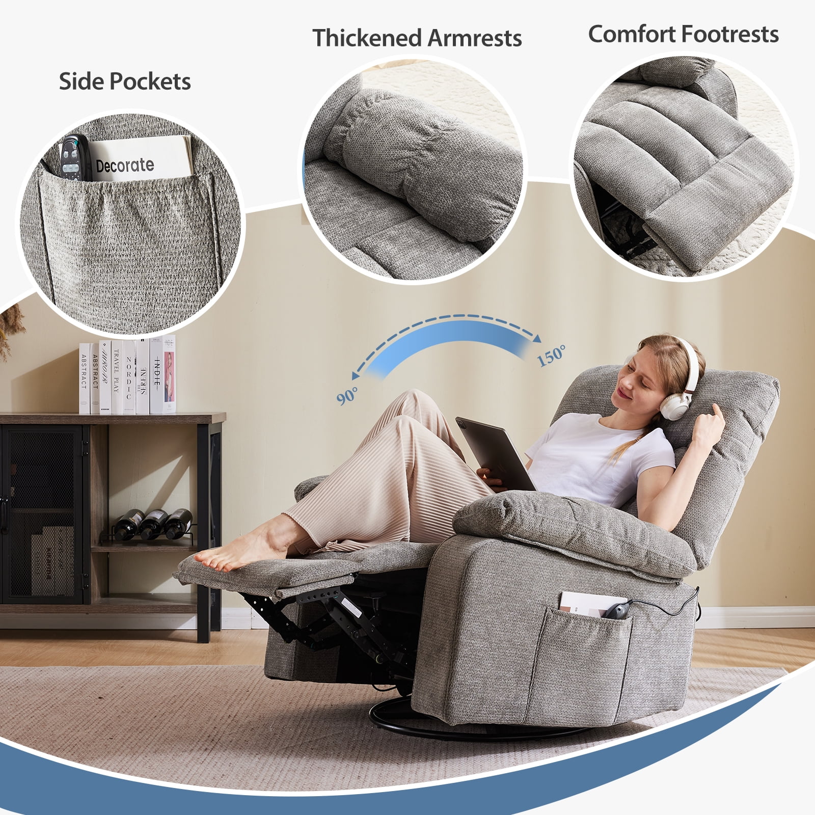 Gianna Swivel Rocker Recliner Chair with Massage and Heat, 270° Swivel with Chenille Fabric, Footrest and Adjustable Recline 90°–150° for Living Room or Bedroom