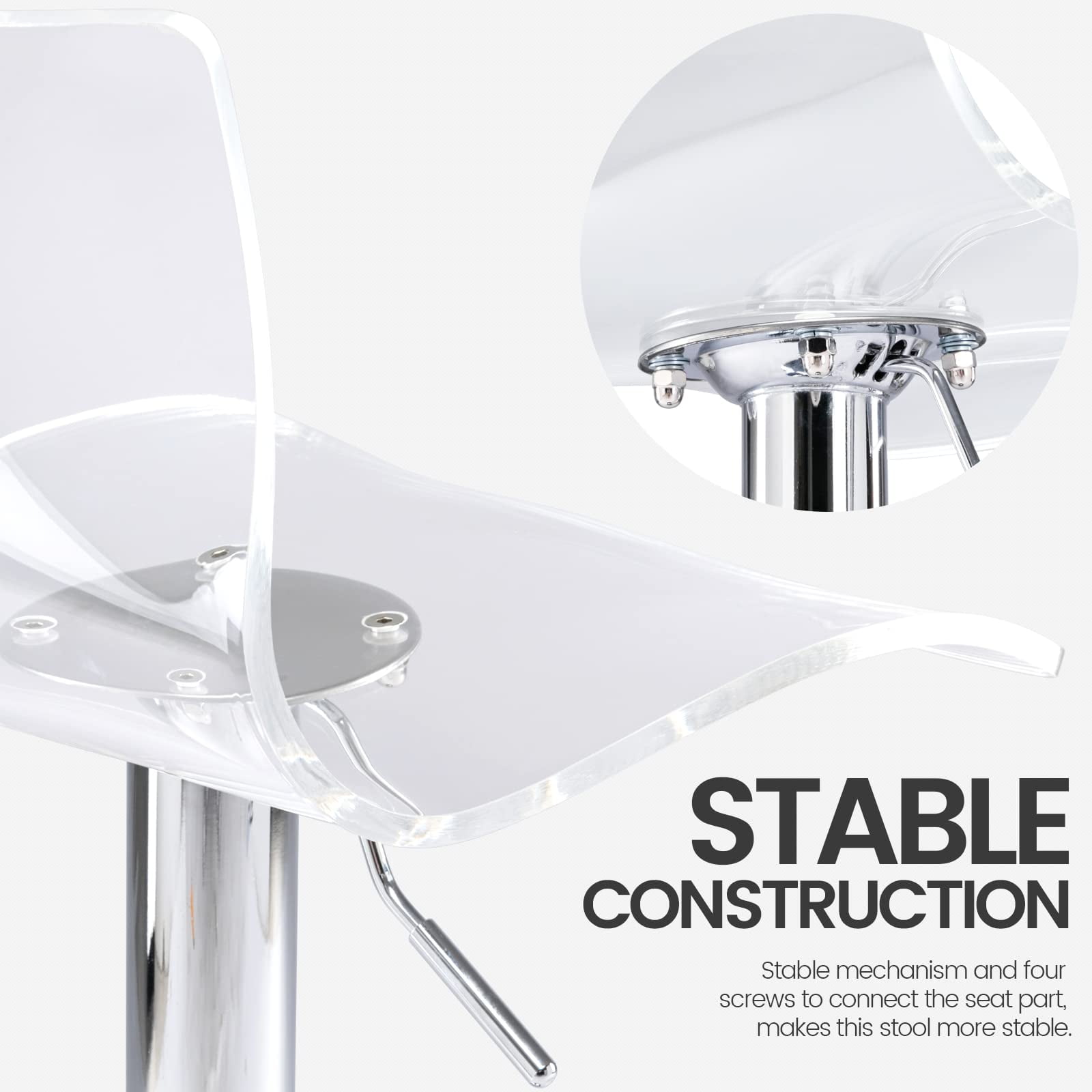 Bar Stools Set of 2, Adjustable Acrylic Swivel Airlift Barstools, Modern Counter Stools with Back and Footrest for Bar, Kitchen, Dining Room (Clear)