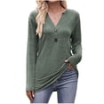 thumbnail image 1 of Pompotops T-Shirt Mode Femme Col en V Uni à Boutons Manches Longues Coupe Ample en Solde, 1 of 6