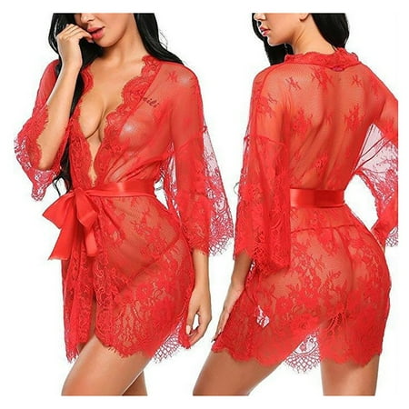 

Women s Long Sleeve Lace Belt Lingerie Pajamas Sleepwear