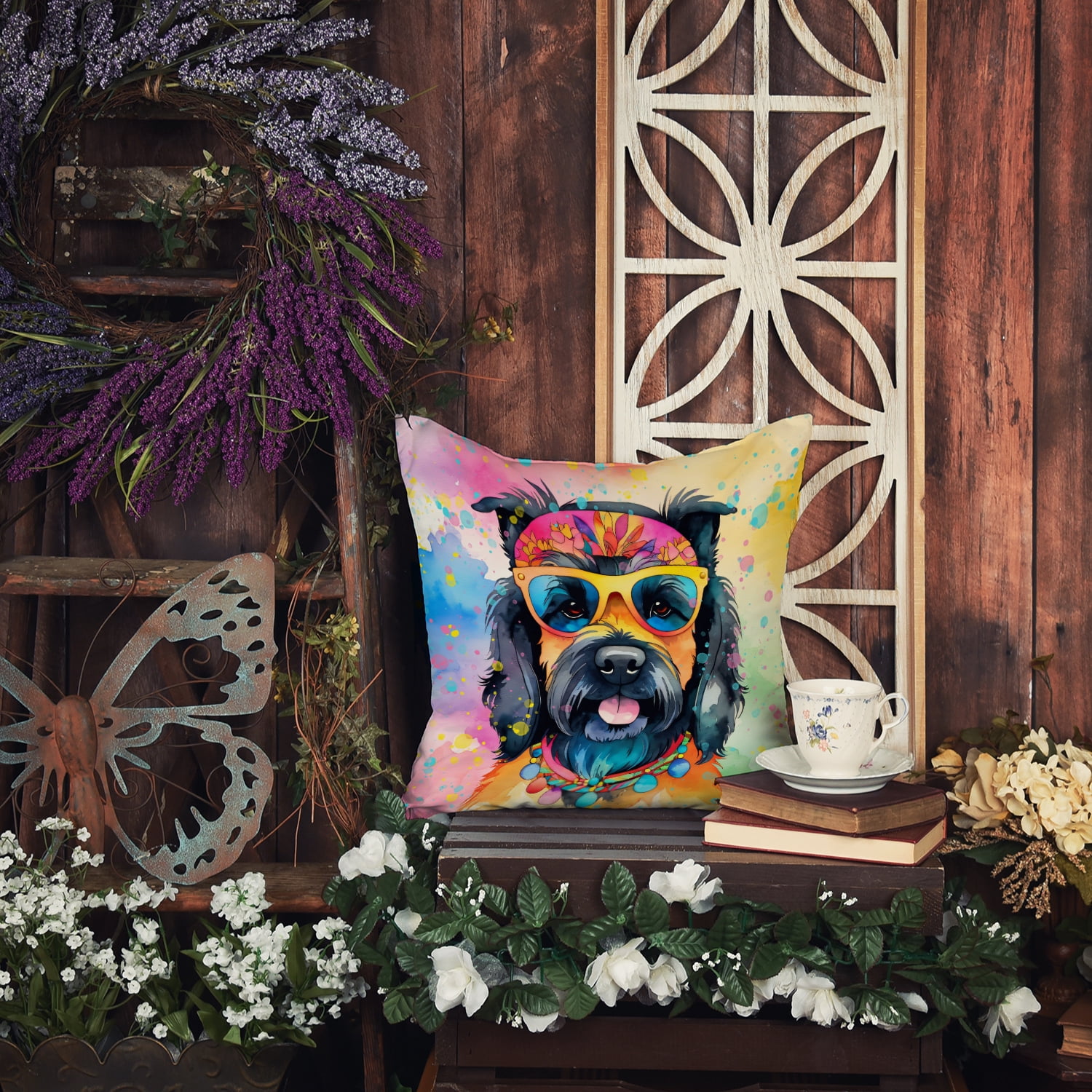 Scottish Terrier Hippie Dawg Fabric Decorative Pillow 18 in x 18 in