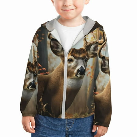 

Wukai American Wildlife Deer Forest Print Kids Sun Protection Hoodie Zip-Up Jackets Long Sleeve Shirts Fishing Shirt with Pocket for Kid-3 Years