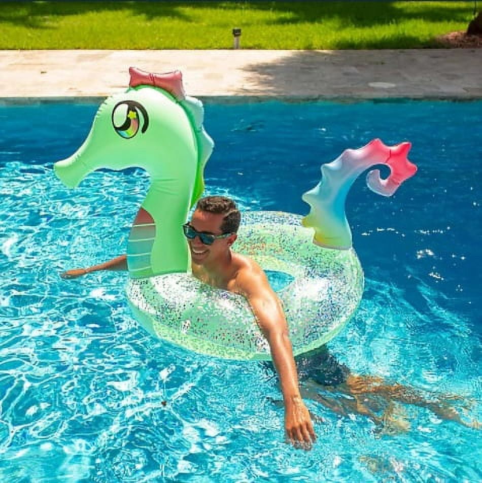 PoolCandy 42 Inch Holographic Glitter Seahorse Jumbo Inflatable Swimming Pool Tube