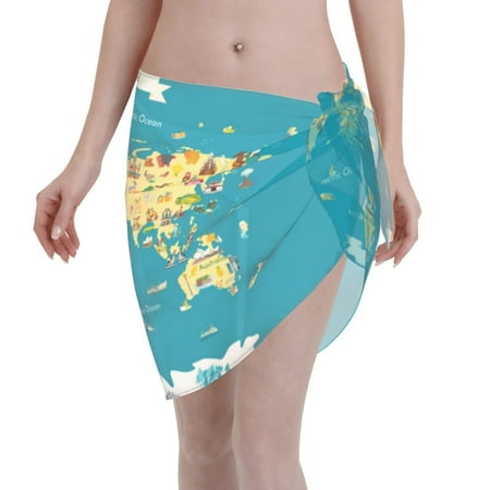 Qekee World Map With Landmarks Women s Short Sarongs Cover Ups Sheer Bikini Wraps for Swimwear