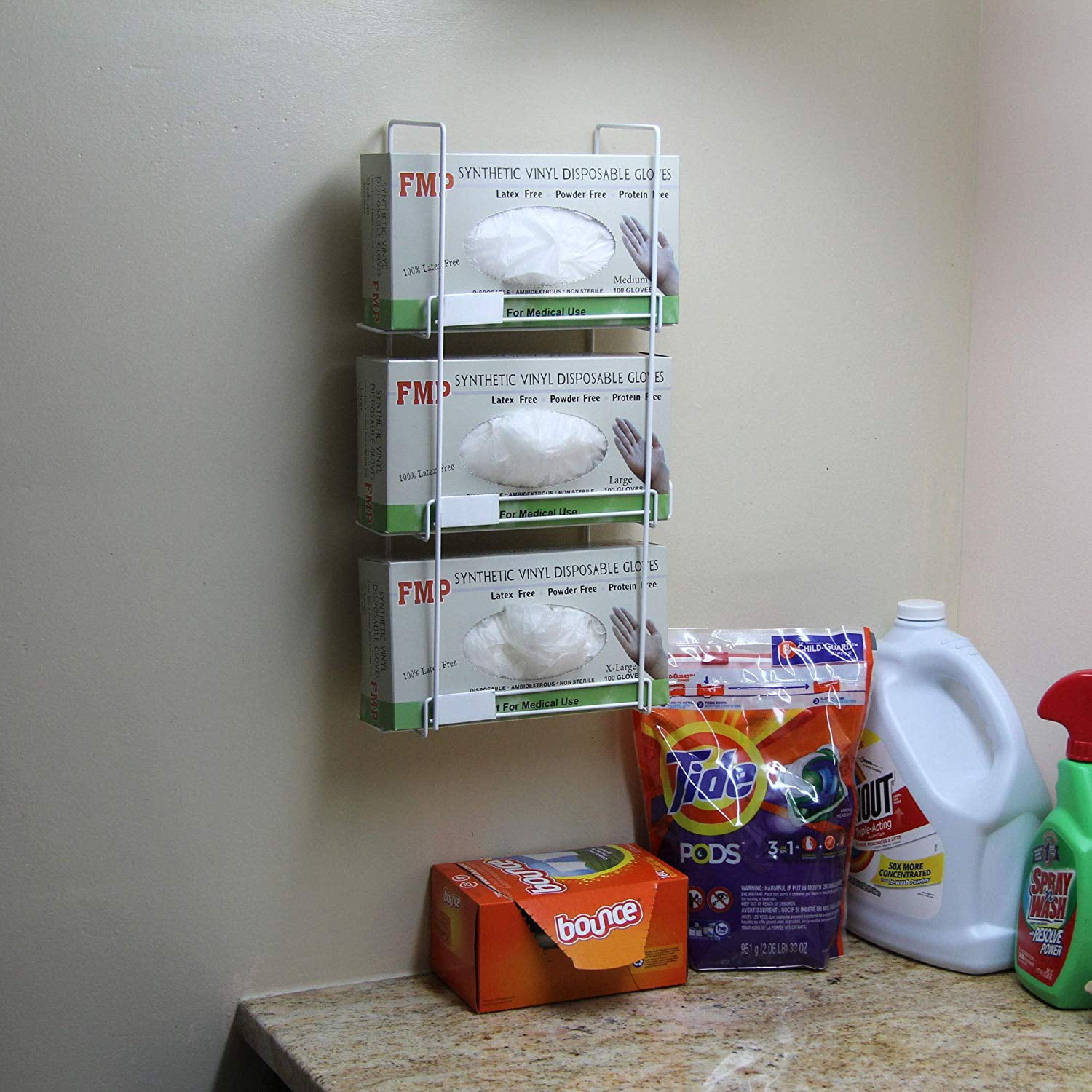 Triple Wall Mount Glove Tissue Dispenser, 3 Wire Rack Disposable Gloves
