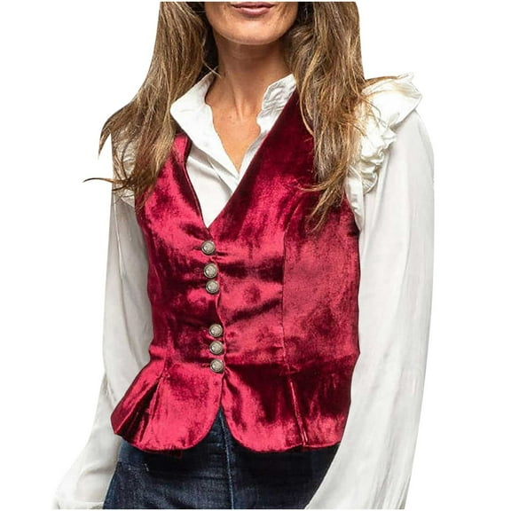 HTNBO Womens Velvet Vest V Neck Top Vintage Sleeveless Jacket Waistcoat Outerwear