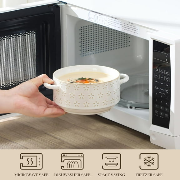 20 oz Ceramic Soup Bowls with Handles, Set of 4 - Oven & Microwave Safe, Embossed Patterns, Dishwasher Safe for Soups & Desserts