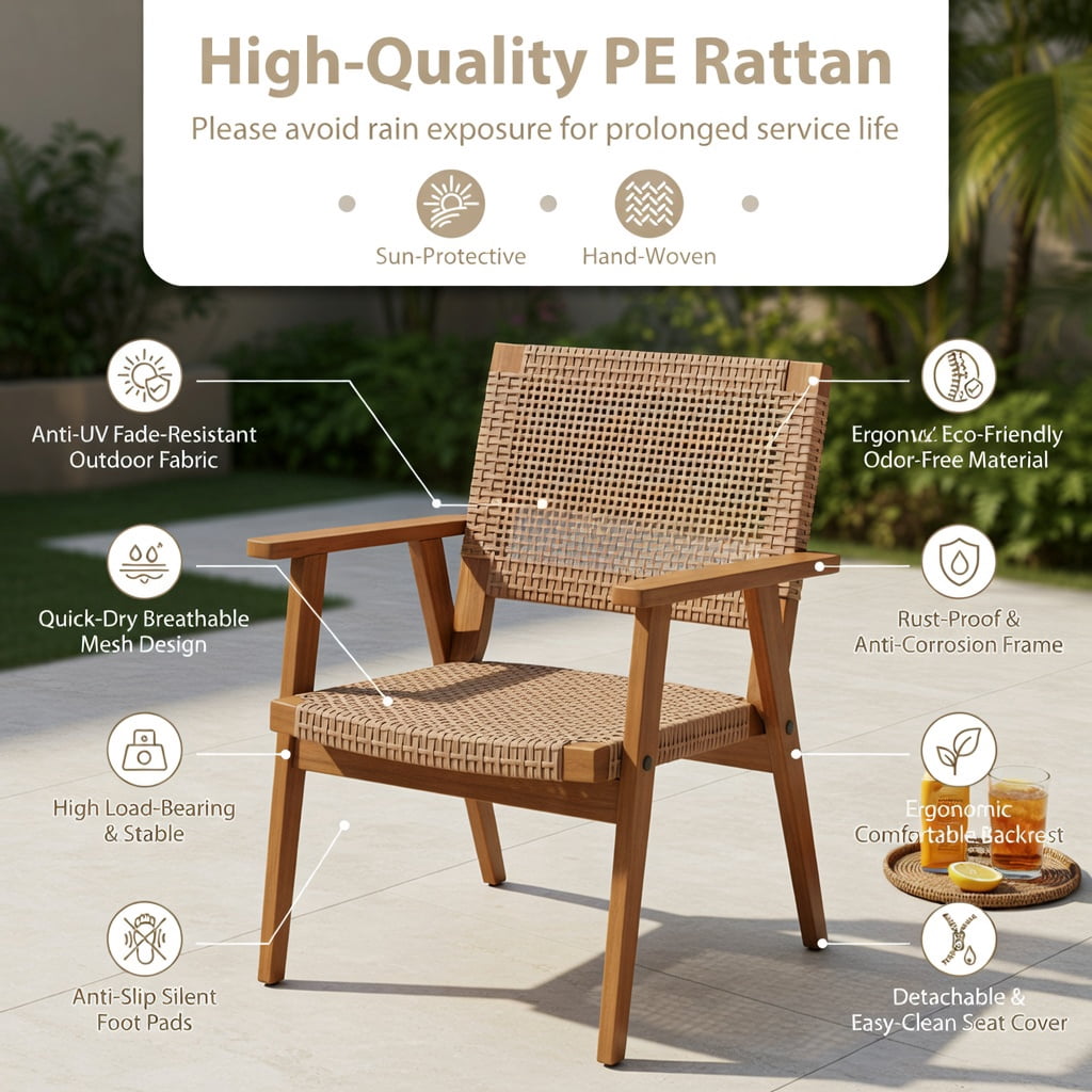 Hommoo 2-Pack Acacia Wood & PE Rattan Outdoor Dining Chairs, Weather-Resistant Patio Chairs with Ergonomic Backrest, Sturdy Armrests, Natural