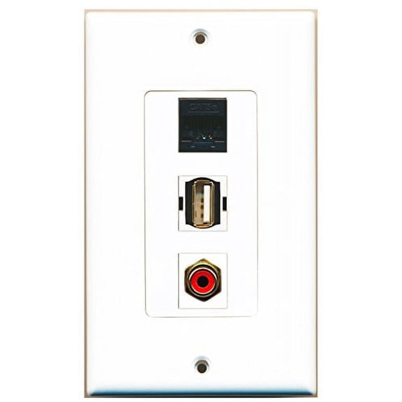 RiteAV - 1 Port RCA Red and 1 Port USB A-A and 1 Port Cat5e Ethernet Black Decorative Wall Plate Decorative
