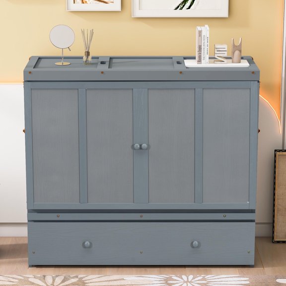 Full Size Solid and Stable Murphy Bed with USB Port and a Large Drawer (Gray)