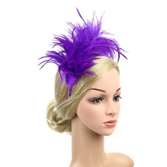 CXHEGBEJ 1920s Fascinator with Feathers Flapper Headband for Women Wedding Tea Party Plain Color Headwear Headpiece Hair Accessories Purple