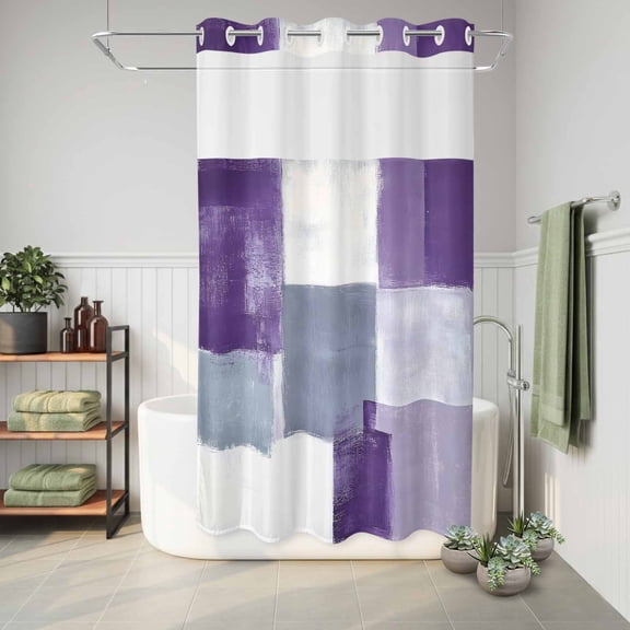 No Hook Shower Curtain Spring Purple Waterproof Fabric Shower Curtain Geometric Hotel Style Bathroom Curtain with See Through Top Window Machine Washable 36x72in