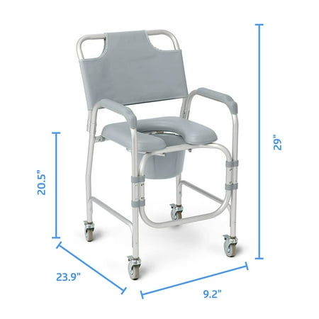Medline Aluminum Padded Shower Chair Commode with 4 Locking Casters  300 lbs. Weight Capacity