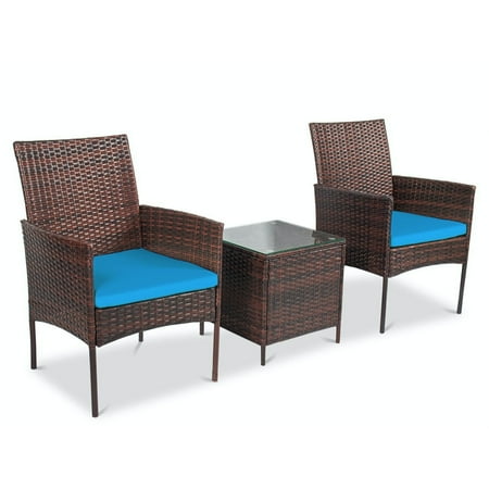 UPC: 0850021419332 | Alonsa Patio Bistro Set 3-Piece Outdoor Wicker Furniture Sets  Modern Rattan Garden Conversation Chair with Thick Cushion and Glass Top Coffee Table (Light Blue)