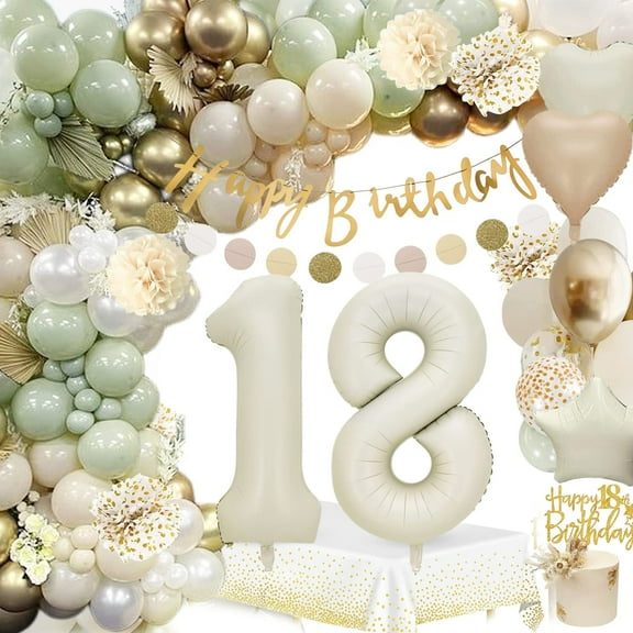 18th Birthday Decorations for Boys Girls, Vintage Green Gold Balloons White Sand Balloons, Happy Birthday Banner