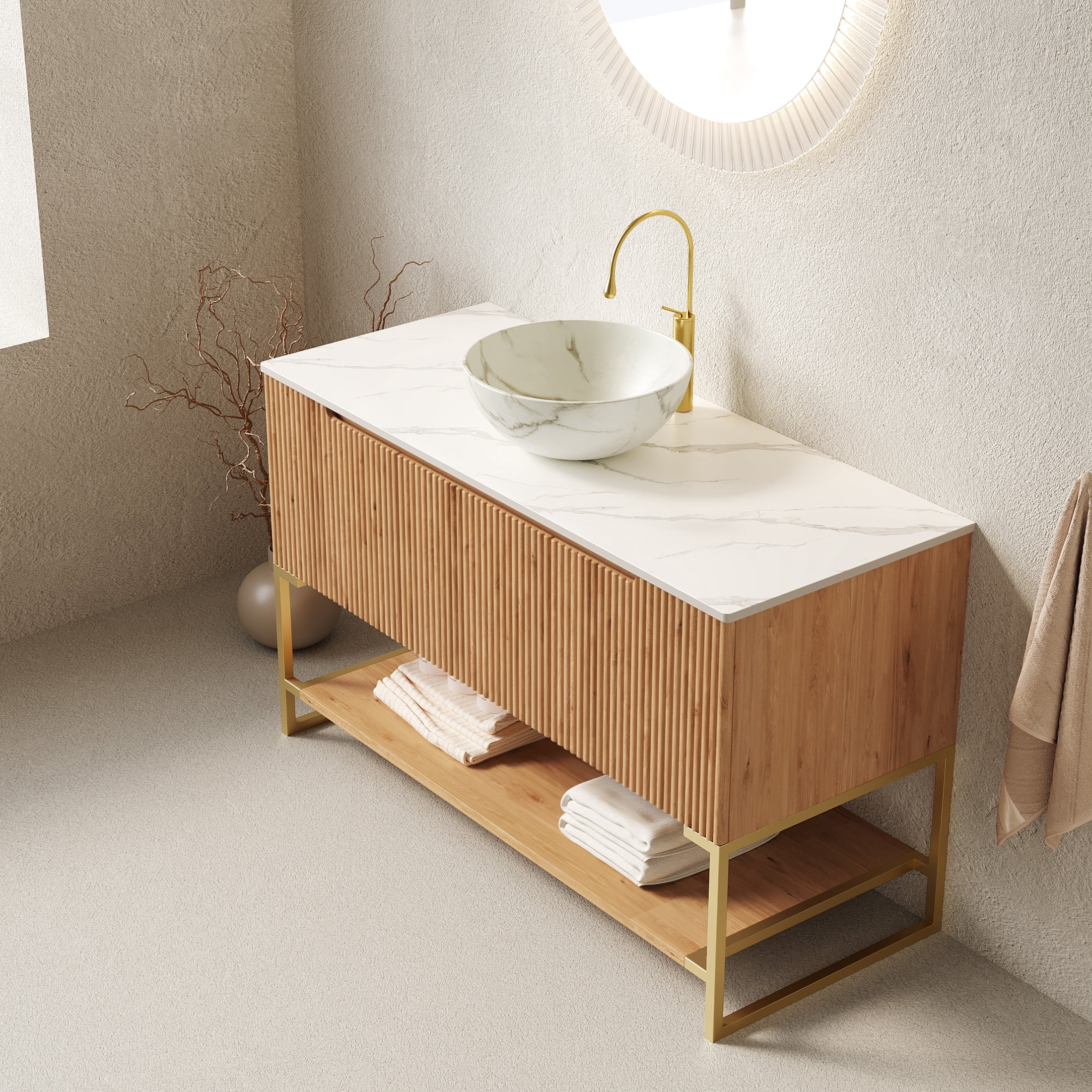 Noble House Tulio 48" Freestanding Bathroom Vanity with Sintered Stone Countertop, Stone Bowl Ceramic Basin, Oak