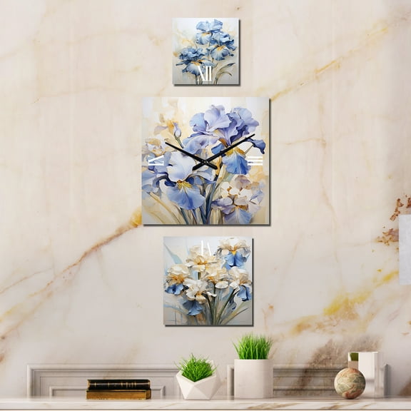 Designart "Melodic Minimalism: Irises" Irises Oversized Wall Clock - Set Of 3 - Extra large Traditional Clock For Office Décor - Large Vertical Clock