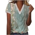 thumbnail image 2 of Tops d'Été pour Femmes Mode T-Shirt d'Été pour Femmes Col en V Dentelle Patchwork Manches Courtes Haut Décontracté Blouse Hauts et Blouses pour Dames Été en Liquidation, 2 of 5