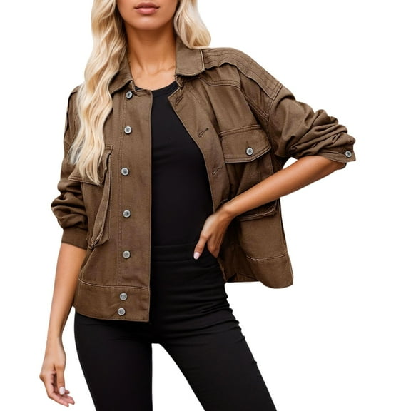 Women's Short Button Workwear Denim Jacket Fashion Solid Long Sleeved Lapel Jean Coat With Pocket