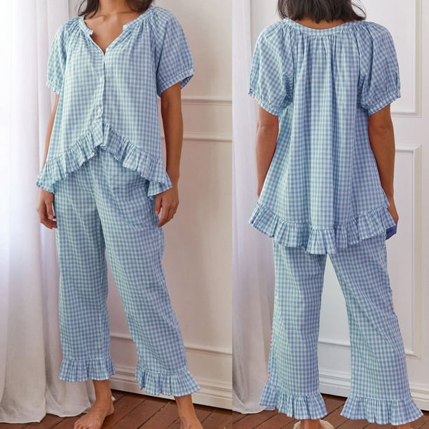 Zomer dames gingham pyjama set, 2-delige katoenen Pj Lounge Sets
