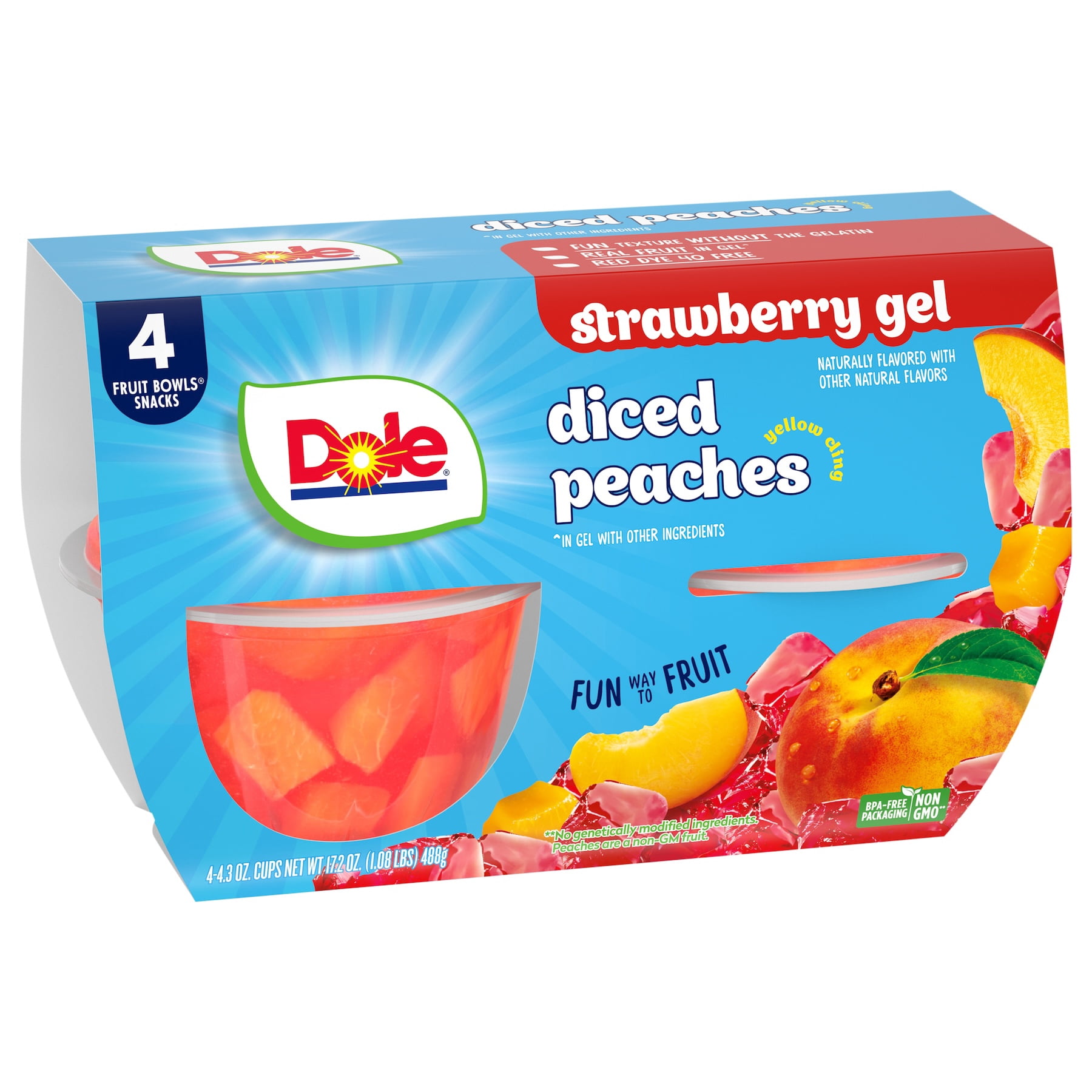 (3 pack) Dole Fruit Bowls Diced Peaches in Strawberry Gel, 4.3 oz Cups (4 Pack)