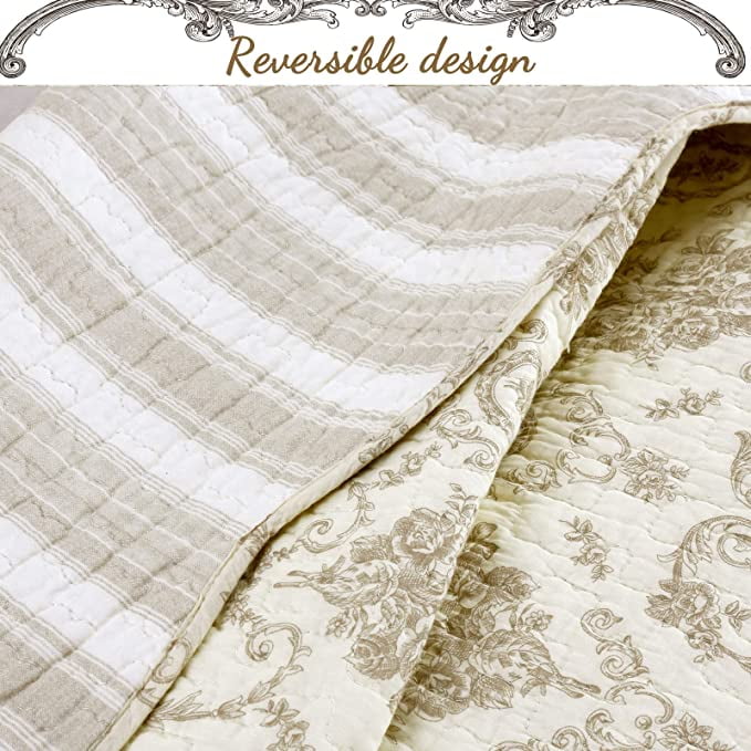 Cozy Line French Medallion Toile Ivory Tan 100% Cotton 3-Piece Quilt Set, Queen Set