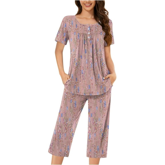 Tnhcen Women's Summer Floral Print Henley Sleepwear Set - Button-Up Short Sleeve Top Capri Pants with Side Pockets Stretchy Pajamas Set Loungewear (S-3XL)