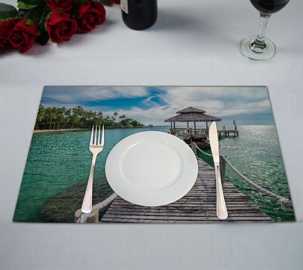 GCKG Ocean Theme Placemat, Long Wooden Bridge in Beautiful Tropical