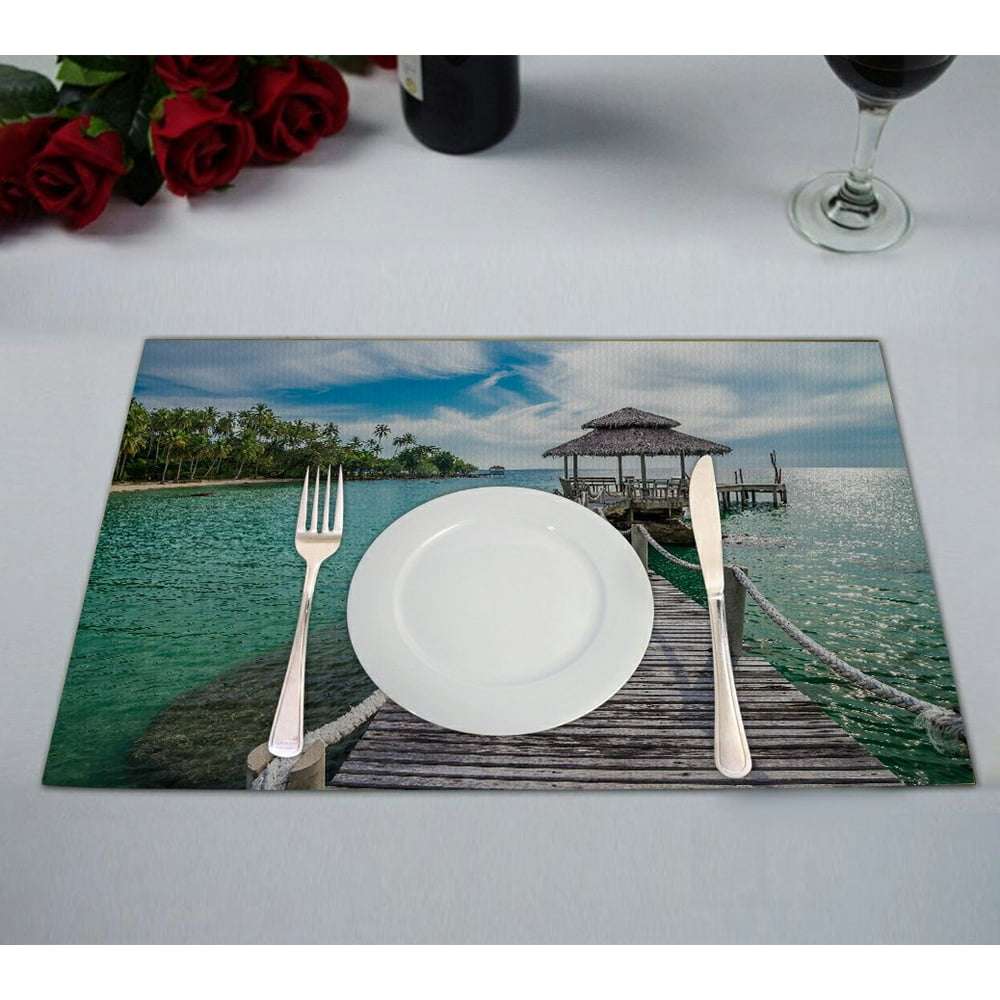 GCKG Ocean Theme Placemat, Long Wooden Bridge in Beautiful Tropical
