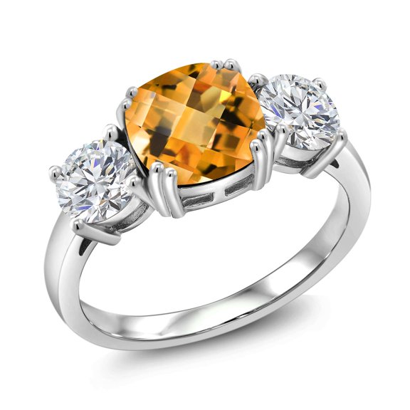 Gem Stone King 925 Sterling Silver Yellow Citrine and Lab Grown Diamond Engagement Ring for Women | 3.00 Cttw | Cushion Checkerboard 8MM | Gemstone November Birthstone | Size 9