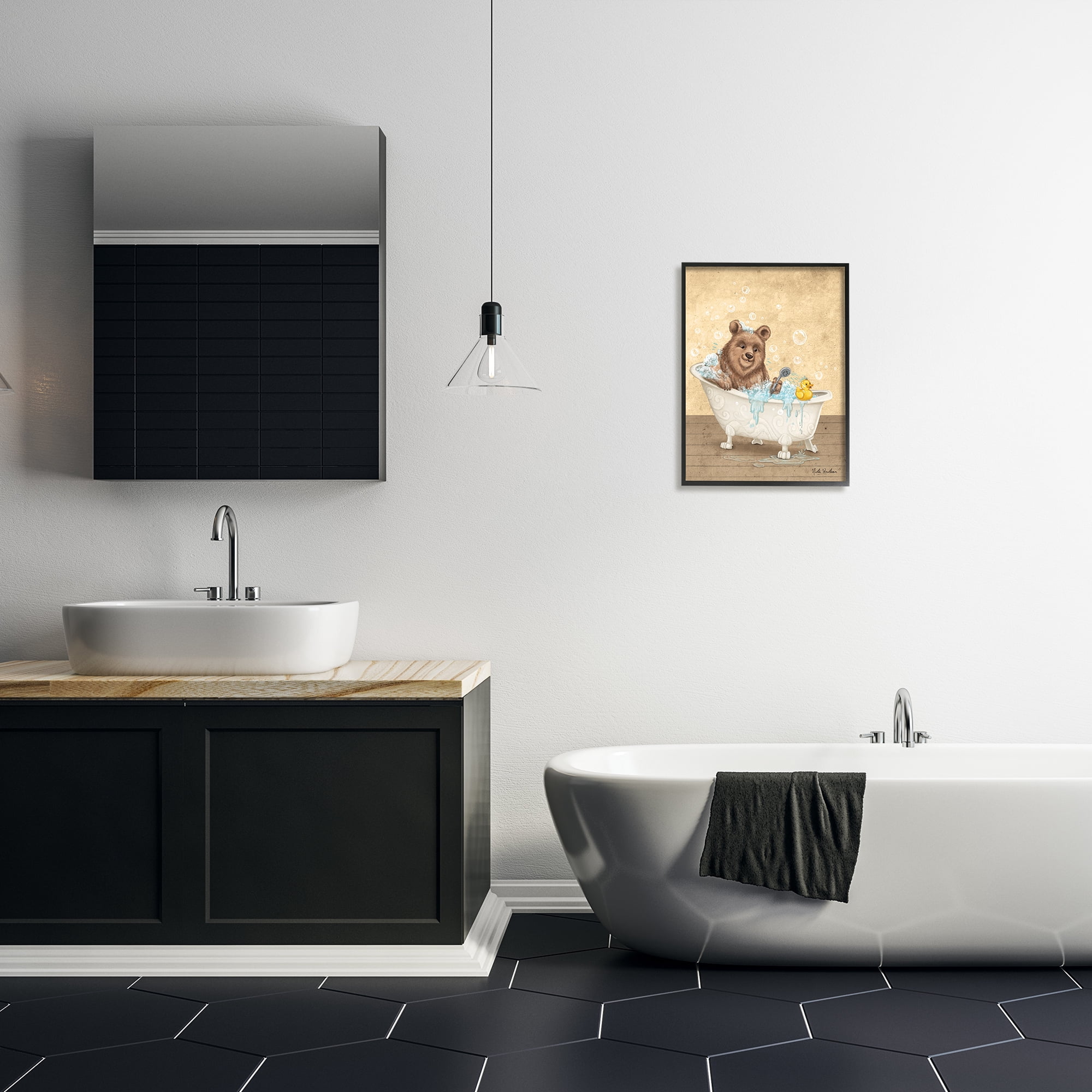 Stupell Industries Bear & Rubber Duck Bath Animals & Insects Painting Black Framed Art Print Wall Art, 16 x 20