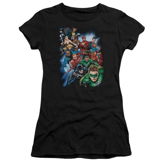 JLA Justice League Heroes Unite S/S Junior Women's T-Shirt Sheer Black