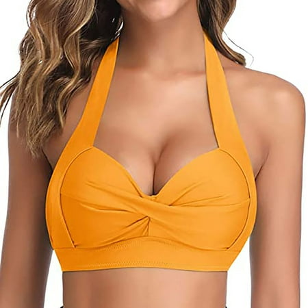 Virmaxy Womes Alluring Cross Criss Bikini Tops Solid Halter Push Up Ruched Bikini Bra Front Cross Heart Neck High Waist Tie Swimsuit Bikini Top Yellow M