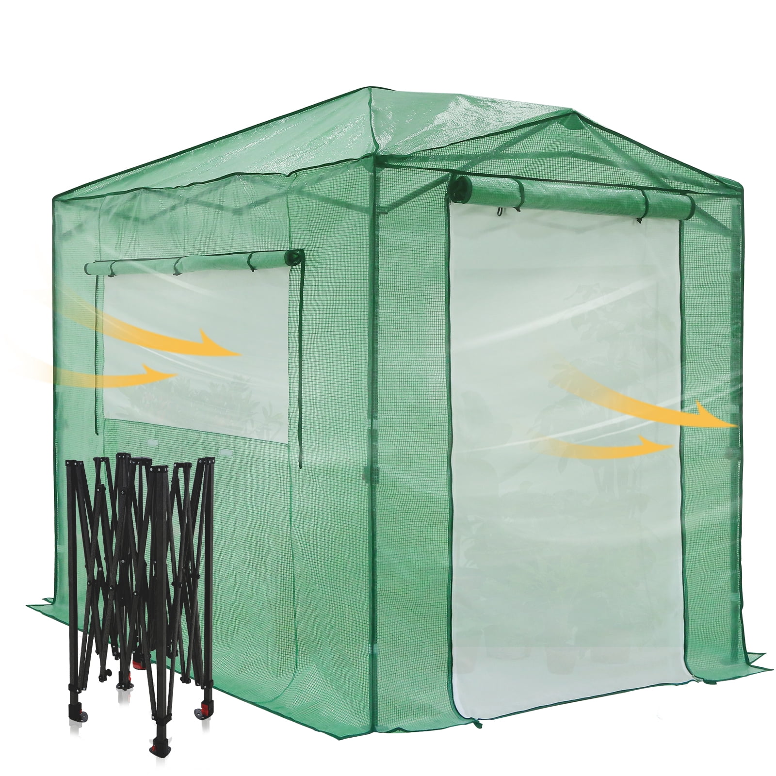 EAGLE PEAK 8x6 Portable Walk-in Greenhouse Instant Pop-up Indoor Outdoor Plant Gardening Green House Canopy with Dual Roll-up Zipper PE Door & Upgraded Screen Mesh Door, Green