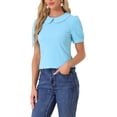 thumbnail image 4 of INSPIRE CHIC Women's Vintage Peter Pan Collar Contrast Trim Puff Short Sleeve Blouse Top S Blue, 4 of 6