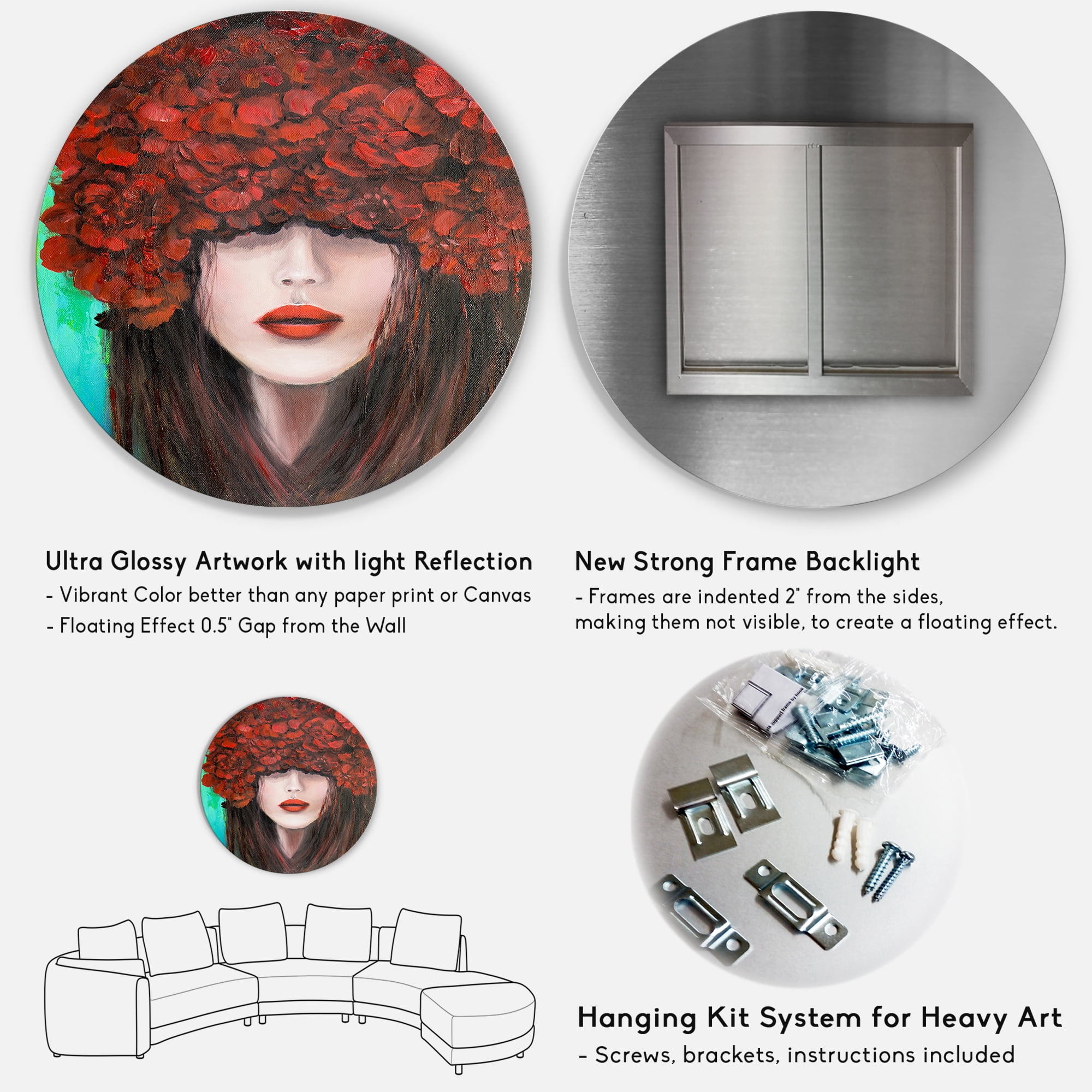 Designart 'Portrait Of A Young Lady With Red Flowers' Modern Circle Metal Wall Art 11x11 - Disc of 11