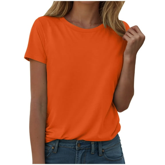 GEWSEY Womens T Shirts Crew Neck Rolled Short Sleeve Basic Summer Tops 2025 Casual Tees Curved Hem (Orange, M)