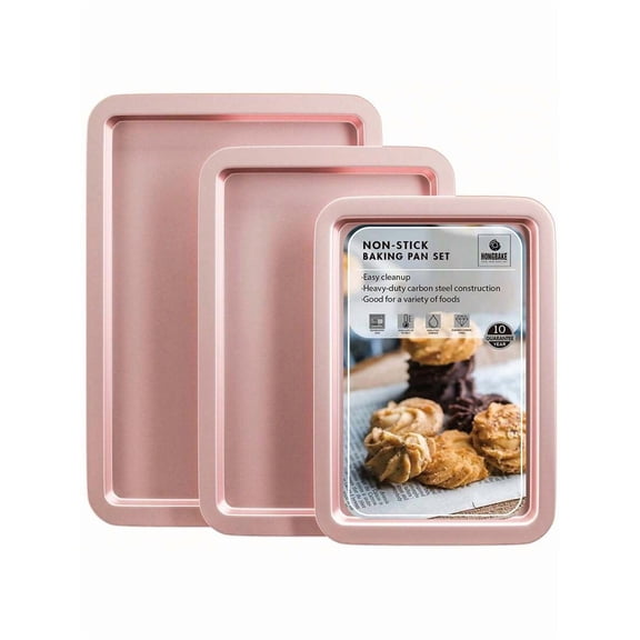 Baking Sheet Pan Set, Cookie Sheet For Oven, Nonstick Bakeware Sets With Wider Grips, 3 Pack Half//Quarter Baking Tray, Premium, Dishwasher Safe-Pink