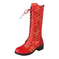 thumbnail image 4 of Rokment Vintage Embossed Mid Calf Combat Boots for Women Ethnic Casual Leather Patchwork Chunky Block Low Heels Lace up Knee High Tall Dress Booties, 4 of 6