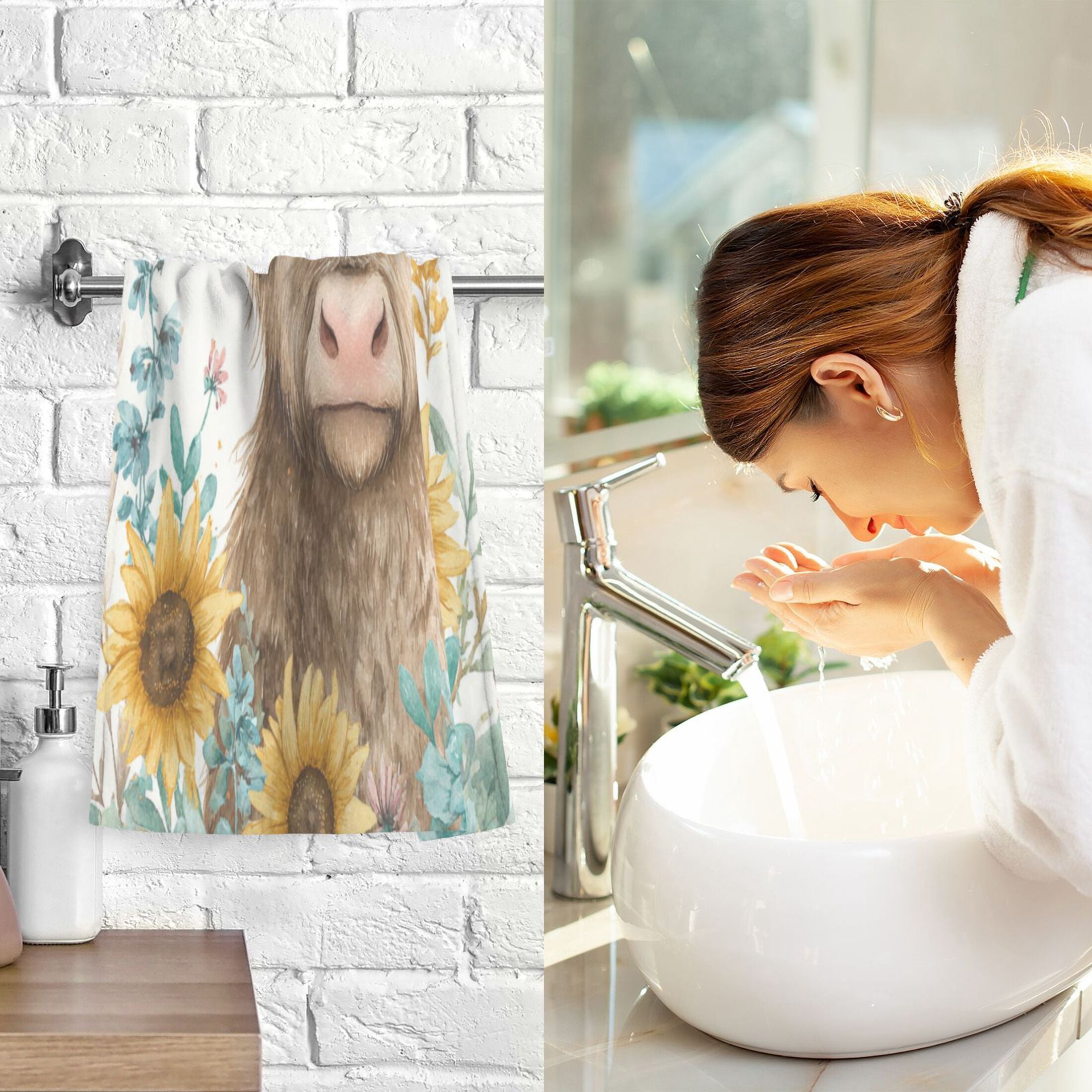 2 Pcs Absorbent Face Towel Bath Hand Towels Soft Breathable Cotton Towel Set for Bathroom Kitchen Hotel Spa Decor Sunflowers and Highland Cow