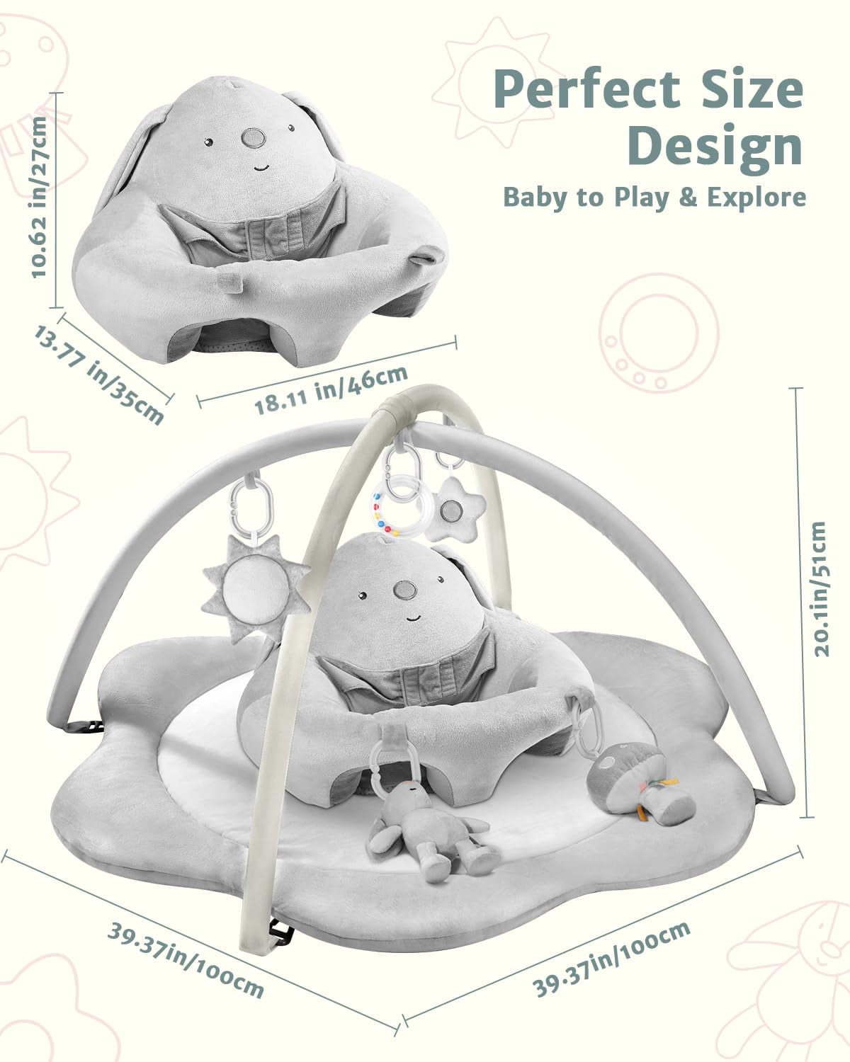 Baby Gym Play Mat, Sitting-up Babies Seats for Infants,with 5 Detachable Toys, Infant Toddler Activity Tummy Time Playmats for Newborn 0-12 Months, Grey