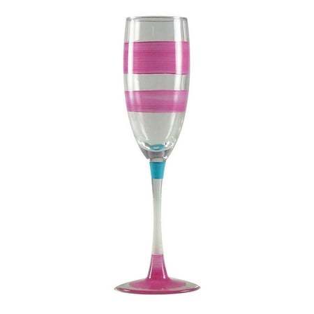 5.75 Ounce Glass - Set of 2 Pink Retro Stripe Hand Painted Champagne Drinking Glasses - 5.75 Ounces