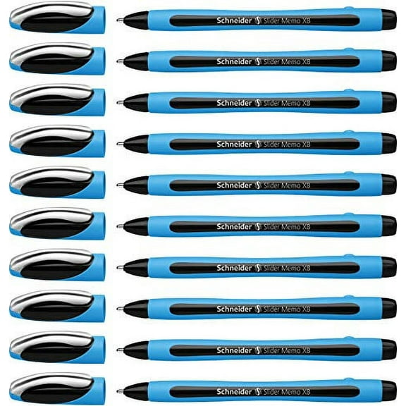 Schneider Slider Memo XB (Extra Broad) Ballpoint Pen, 1.4 mm, Light Blue Barrel, Black Ink, Box of 10 Pens (150201)